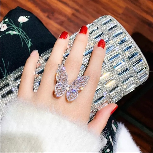 925 Sterling Silver Large Butterfly Diamonds Ring - Picture 2 of 11